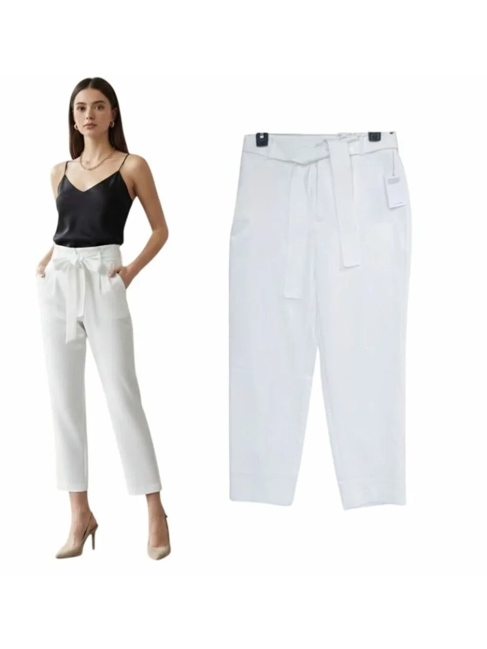 ⭐Nine West Sz S Women Pants Belted Tapered Ankle dress White summer lined Pants